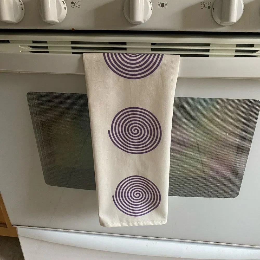 White Tea Towel with Purple Spiral Design | Artist‑Made | NWT